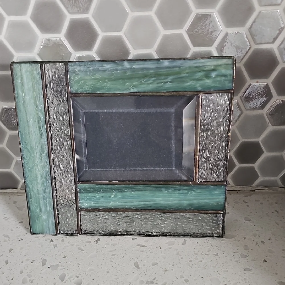 Vintage J. Devlin Stained Glass Jade Green and Silver Tone Metal Photo Frame